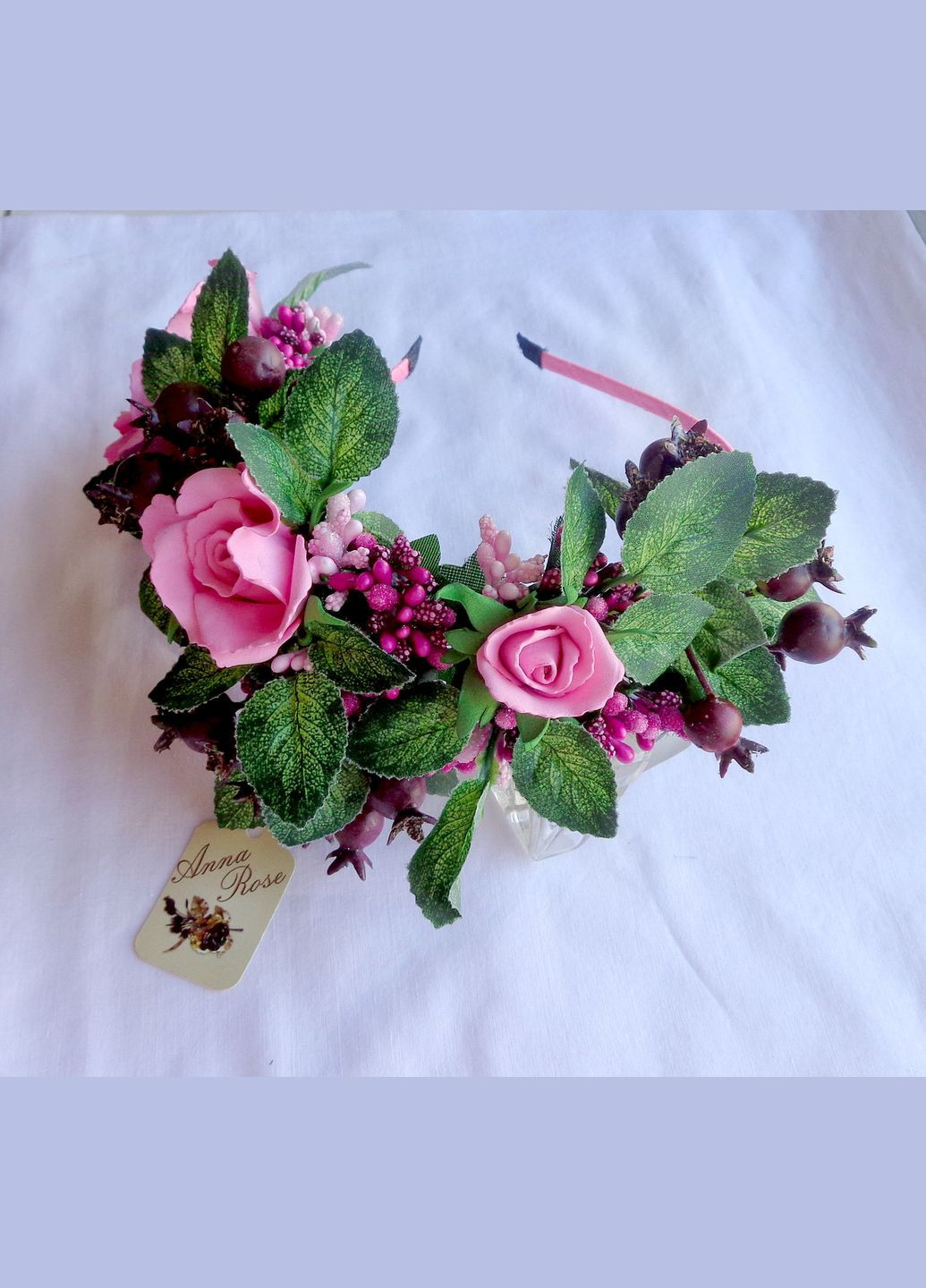 Обруч для волосся з квітами з фоамирана ручної роботи "Рожева чайна троянда" No Brand (349843215)