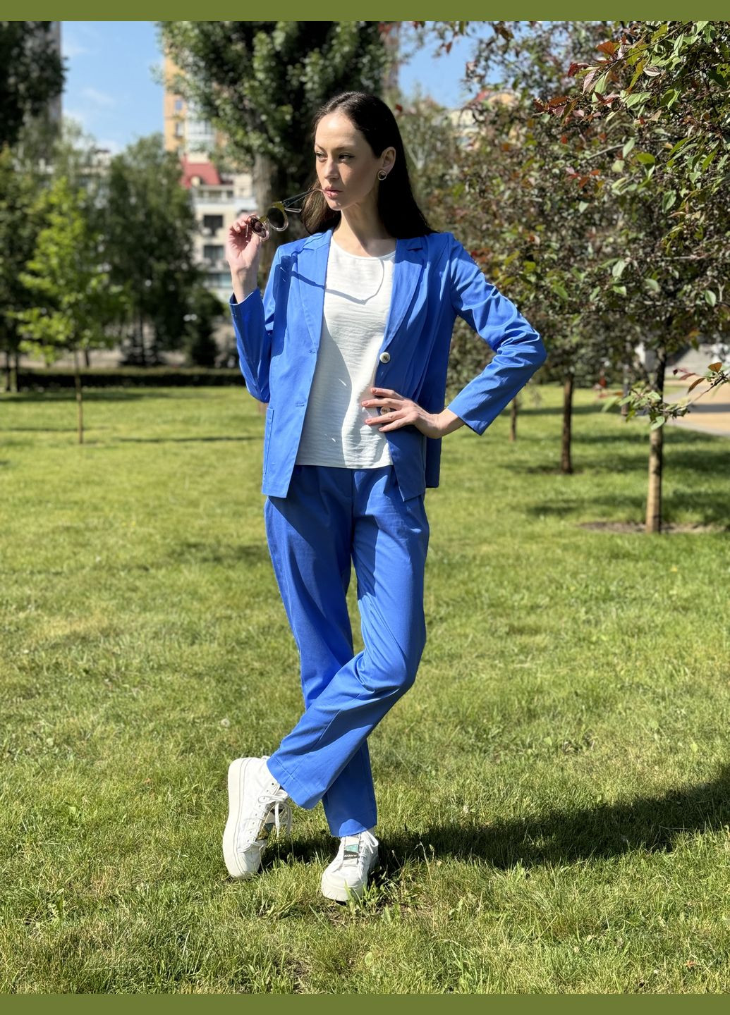 Голубой женский голубой жакет с карманами из хлопковой ткани 3348 Cat Orange - летний