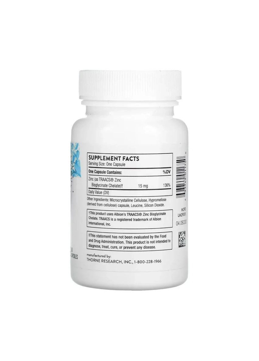 Цинк бісгліцинат Zinc Bisglycinate Research 15 мг 60 капсул Thorne (369609158)