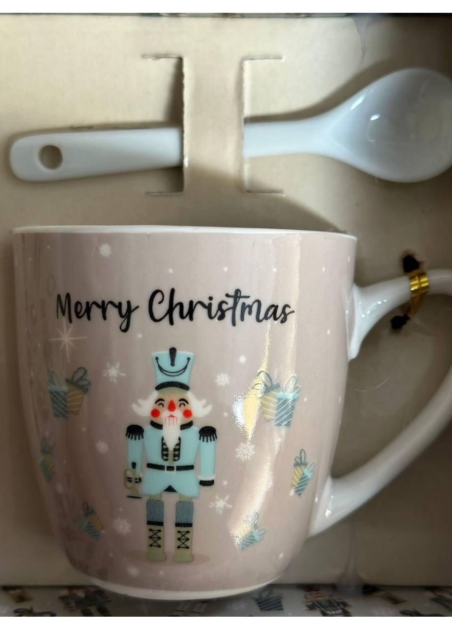 Новорічна чашка 9150-002-1 Merry Christmas керамічна з ложкою 175 мл Бежевий ELISEY (365605201)