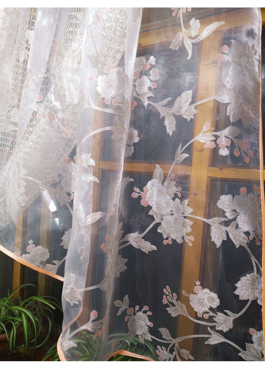 Занавеска готова короткая кухонная Фаина молочная веточка персик правая No Brand (372134035)