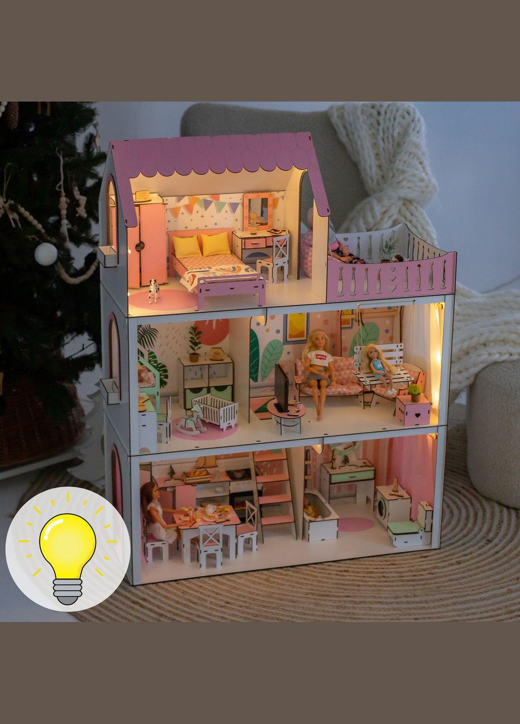 Ляльковий будиночок з освітленням для Барбі "Люкс Лайт" рожевий NestWood (303632976)