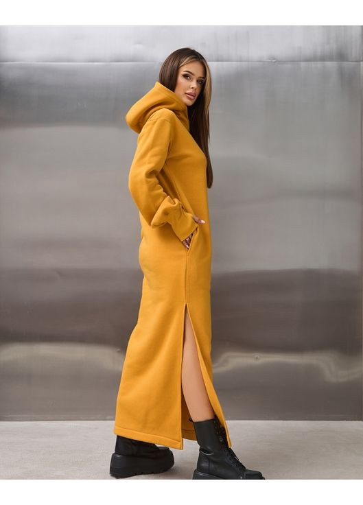 Гірчична повсякденний, кежуал тепла максі сукня з розрізами сукня-худі ISSA PLUS однотонна
