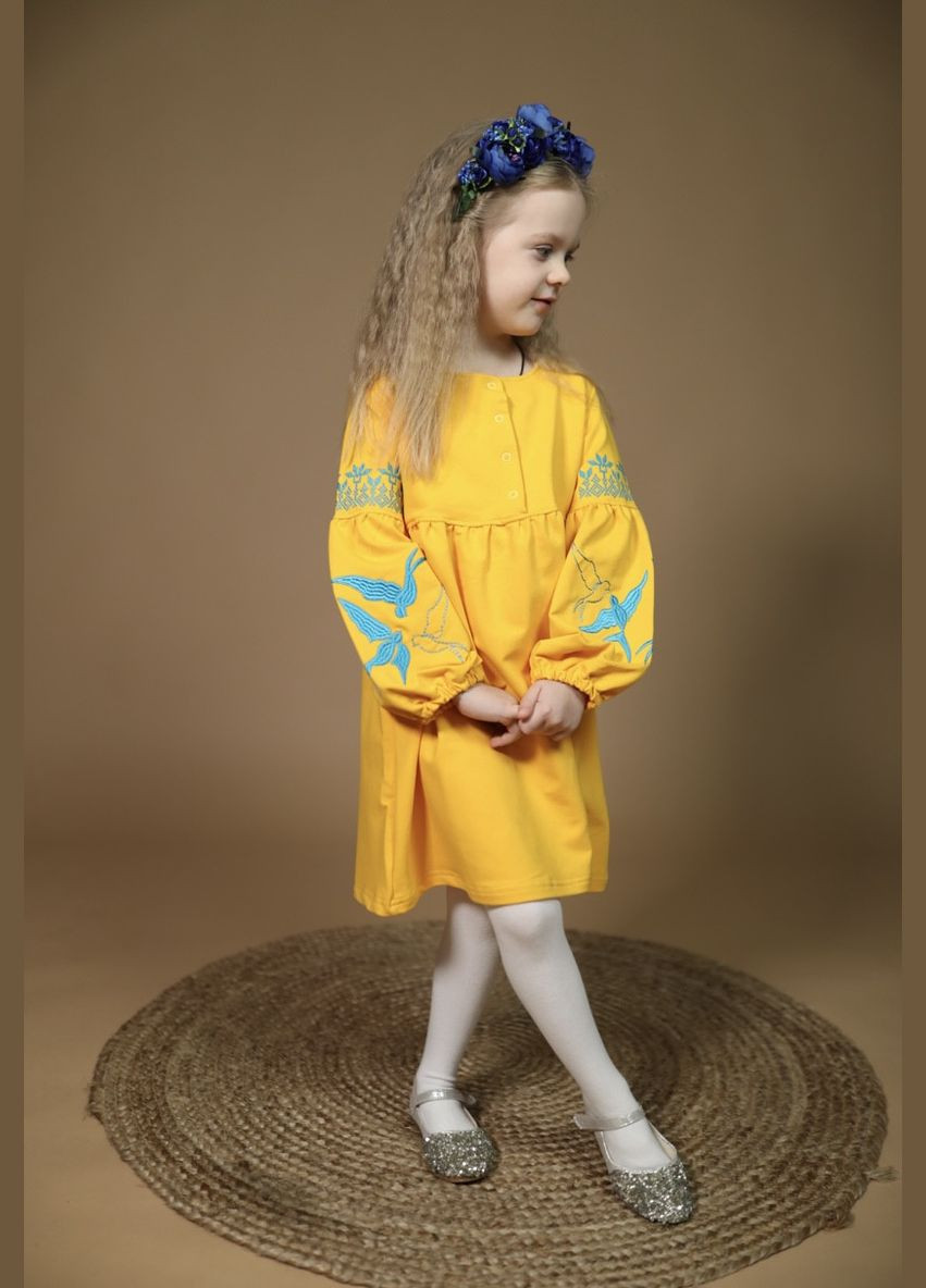 Жёлтая платье вышиванка патриотическое для девочки, платье с вышивкой детское, платье вышитое детское, (341327607)