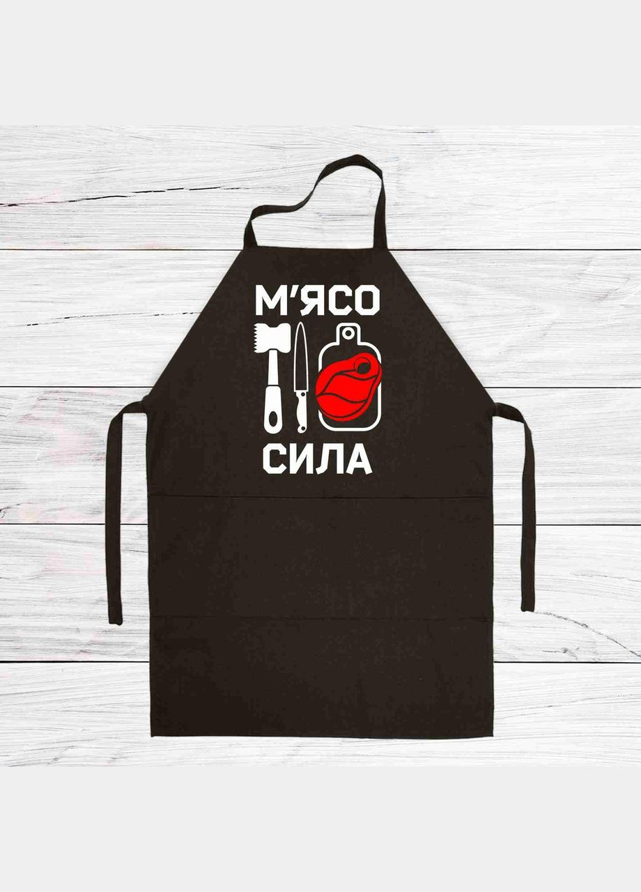 Фартук черный кухонный с оригинальным принтом "Мясо сила. Молоток, нож, разделочная доска с мясом" Кавун (316112258)