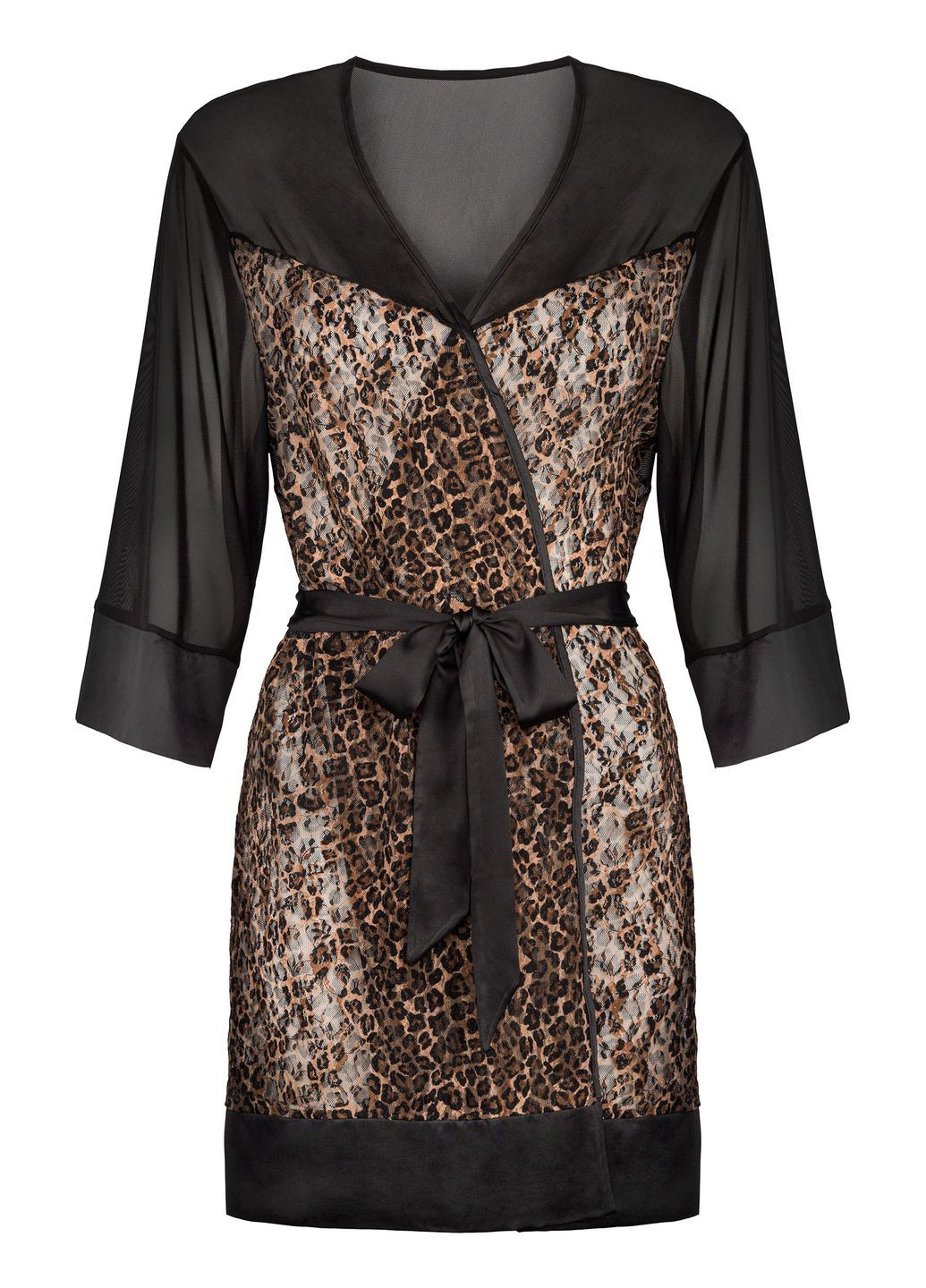 Черный демисезонный халатик-пеньюар с лео принтом allunes peignoir Obsessive