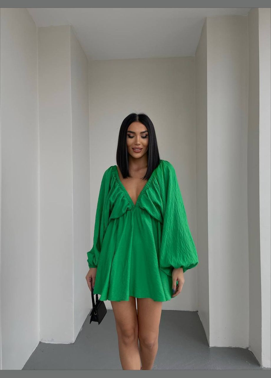 Зелена повсякденний пишна міні сукня з довгим рукавом з пишною спідницею Adelante однотонна