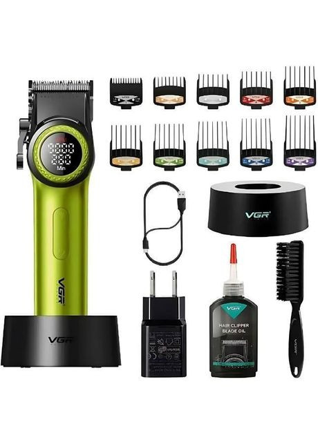 Професійна машинка для стрижки волосся V-001 з дисплеєм 9000 об/хв та 10 насадками. Колір: зелений VGR (364664530)