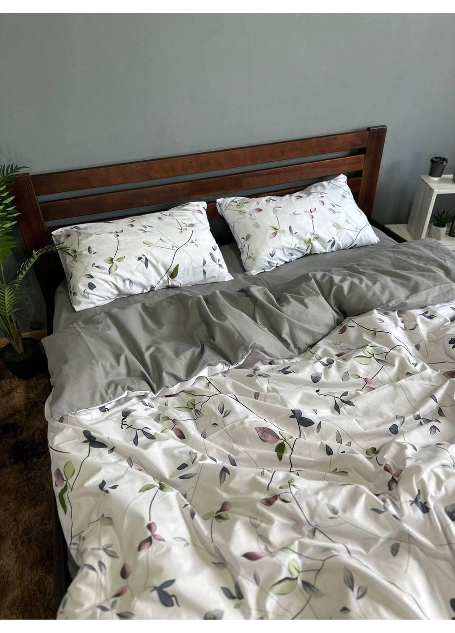 Постельное белье хлопковое Веточка на сером Евро Простынь на резинке 160x200х20 Бязь Белое 70 х 70 No Brand (364315555)