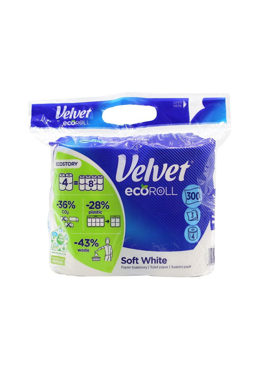 Туалетний папір Soft White Eco Roll 4=8 рул. 3 шари 300 відривів Velvet (280978671)