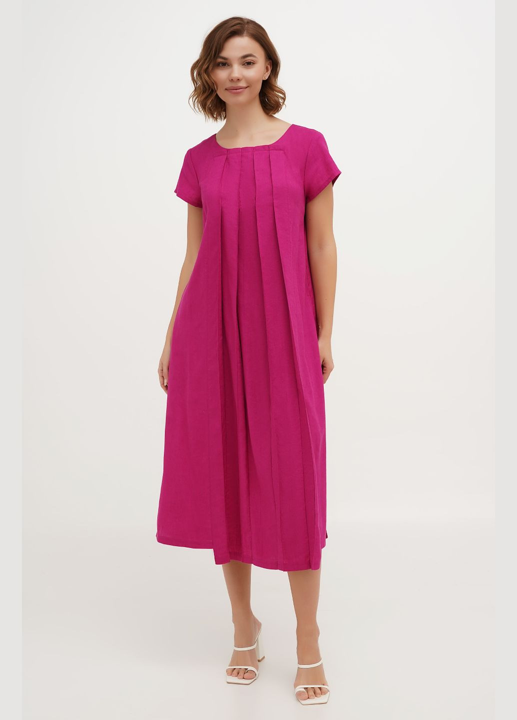 Бордова легка міді сукня зі складками та кишенями, матеріал льон і віскоза, осока., р., код 0452/54/1621 ГАЛЕРЕЯ ЛЬОНУ