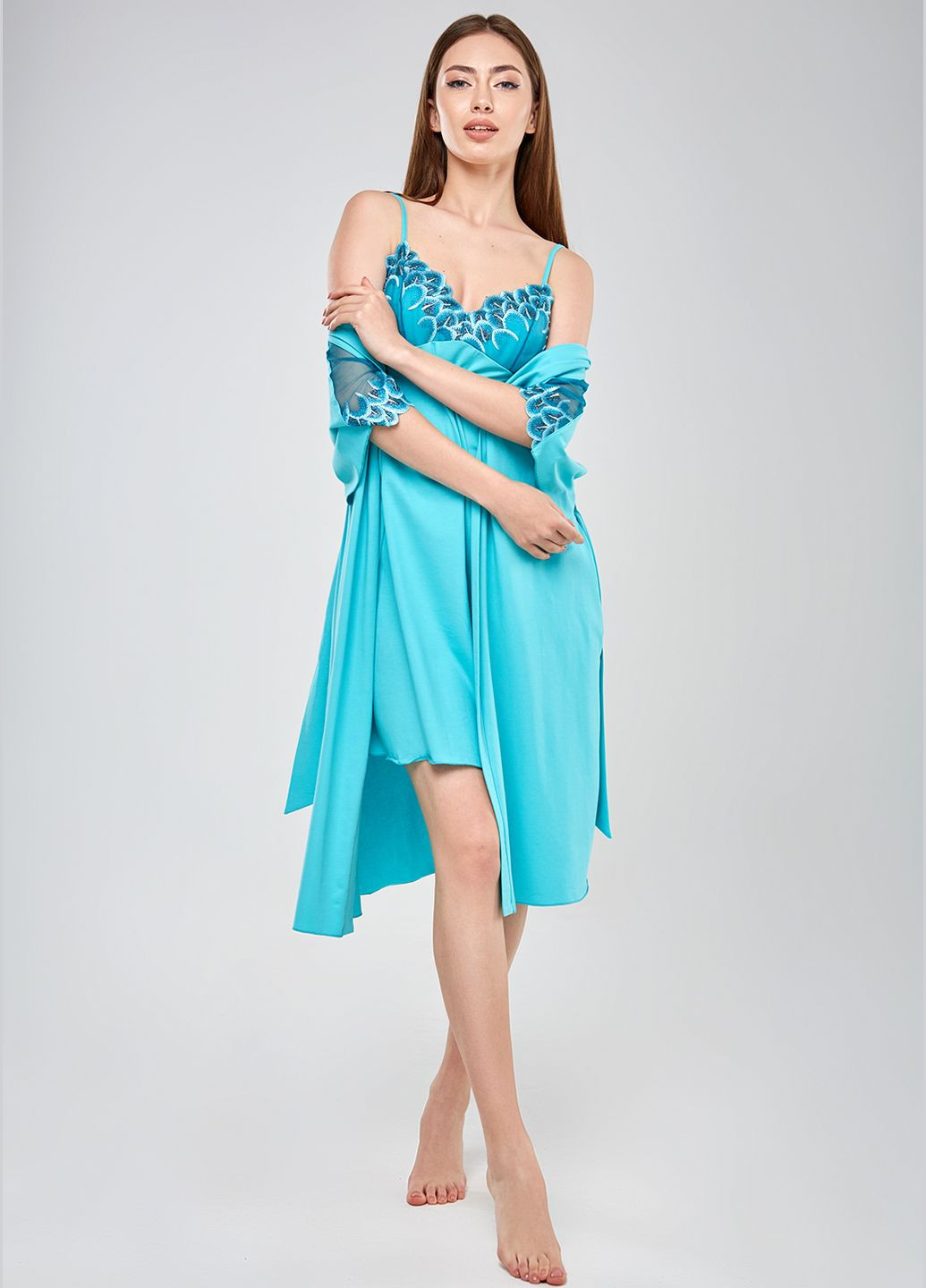 Нічна сорочка бірюзового кольору з мереживним ліфом ORA (305697080)