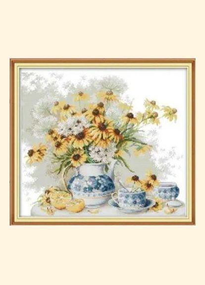 Набор для вышивания по нанесённой на канву схеме "Daisies and blue and white porcelain"AIDA 14CT printed48*43с Joy Sunday (313614563)