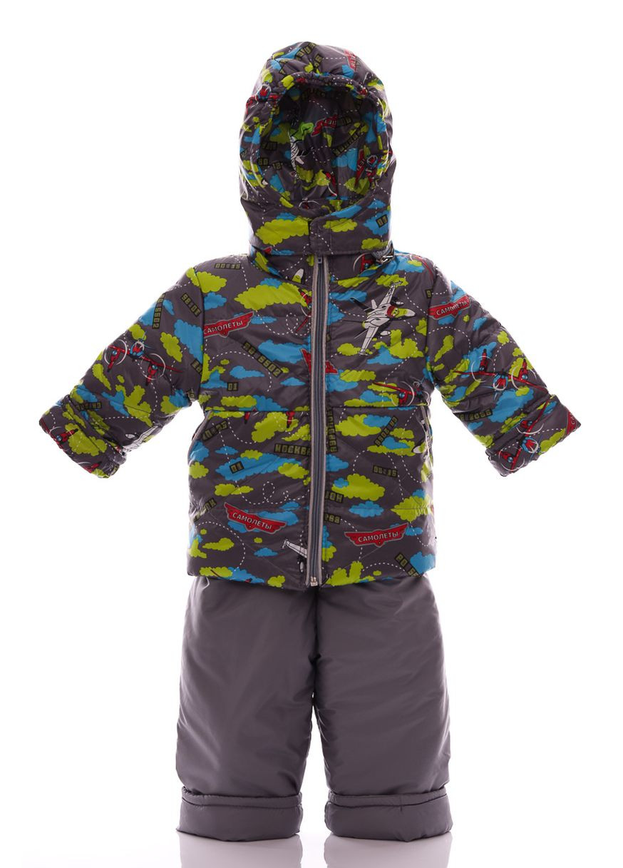 Серый зимний комбинезон на синтепоне для мальчикка с принтом самолетика евро ноль серый 86 см (27715) BABYKROHA