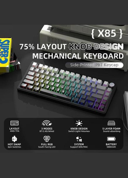 Бездротова механічна Клавіатура (перемикачі White Jade)+ наклейки укр розкладки, Hot-Swap, RGB, чорна ATTACK SHARK X85 (346496162)