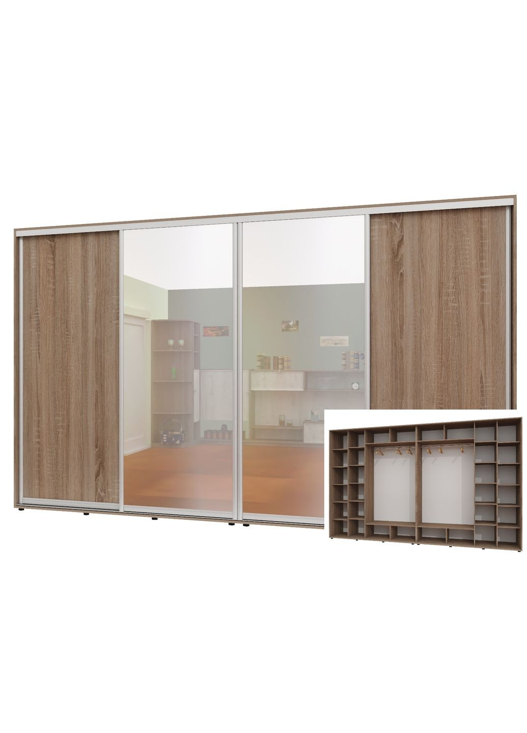 Шафа-купе чотиридверна 380*60*240 см Дуб Сонома трюфель 4 двері ДСП + Дзеркало + Дзеркало + ДСП ШК-02 Алекса (360478429)