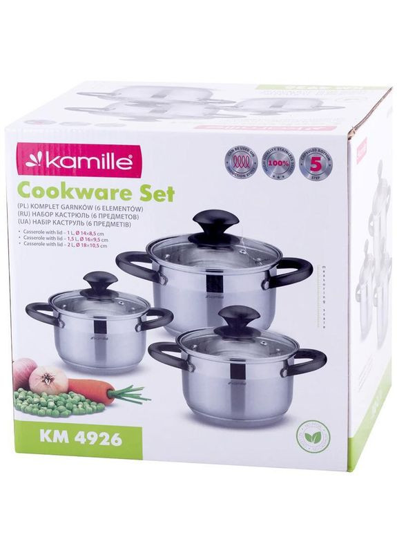 Набір 3 каструлі Groningen 1л, 1.5л, 2л з нержавіючої сталі з 5-шаровим індукційним дном Kamille (330019456)