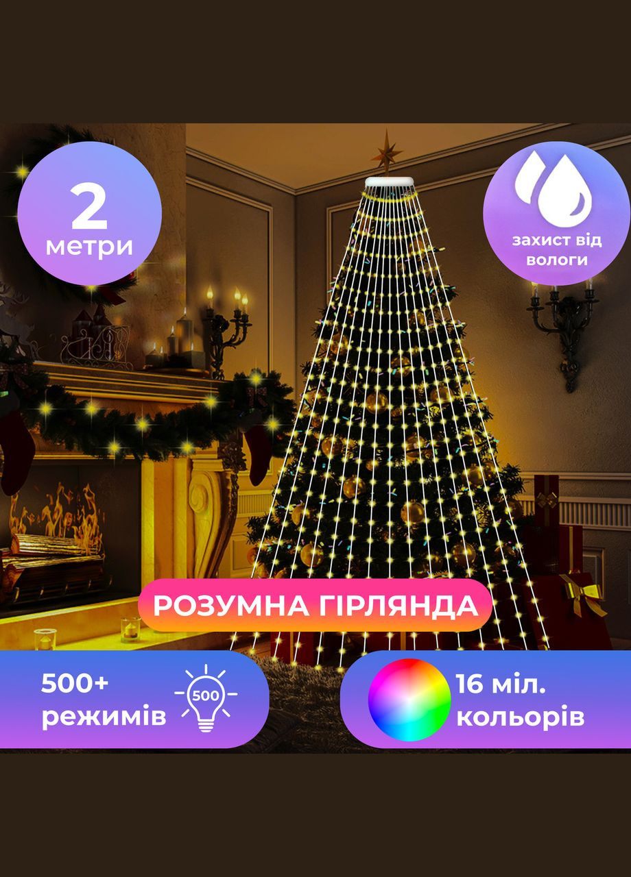 Гирлянда с кольцом на елку 2 метра Smart 200 led управление телефоном и пульт USB белый провод Garlando (306849824)