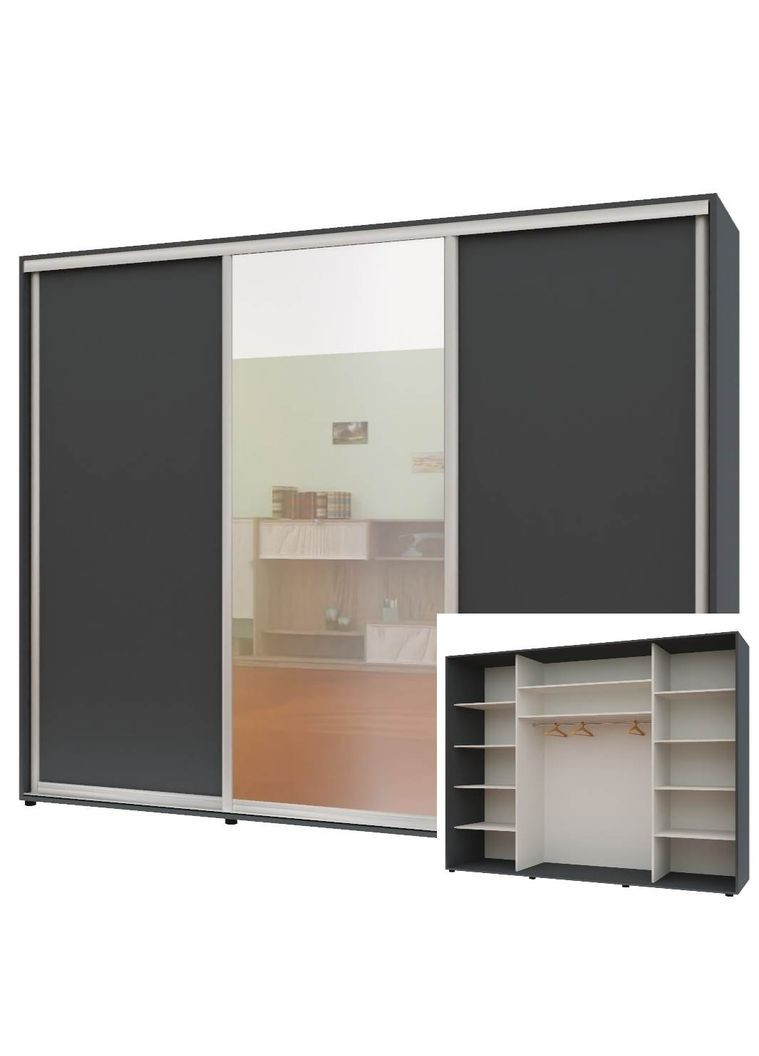 Шкаф-купе трехдверный Комфорт Мебель 260*60*220 см Графит ДСП + Зеркало + ДСП Макси Комфорт Меблі (360436863)
