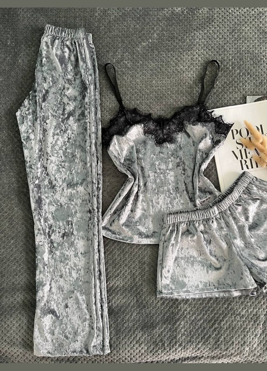 Серая женская пиджама велюровая тройка майка шорты серая брюки Modashoping