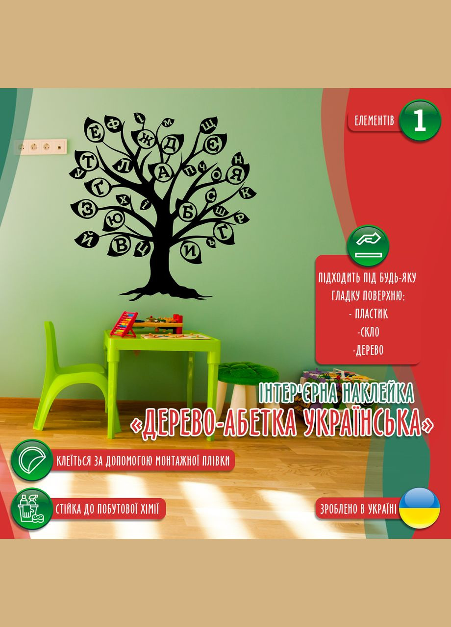 Вінілова інтер'єрна на стіну та інші поверхні "Дерево з літерами. Український алфавіт" з Кавун наклейка (316190060)