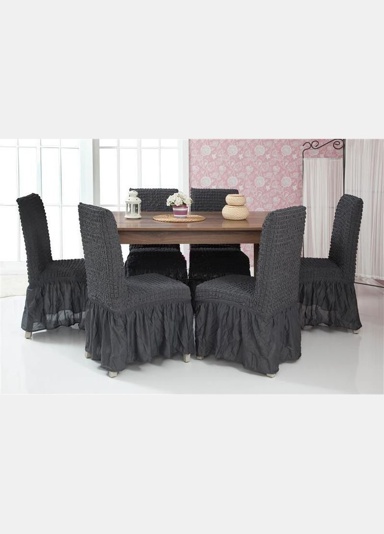 Чохли натяжні на стільці з оборкою (набір 6-шт) 05-229 Темно-сірий Venera (268547747)