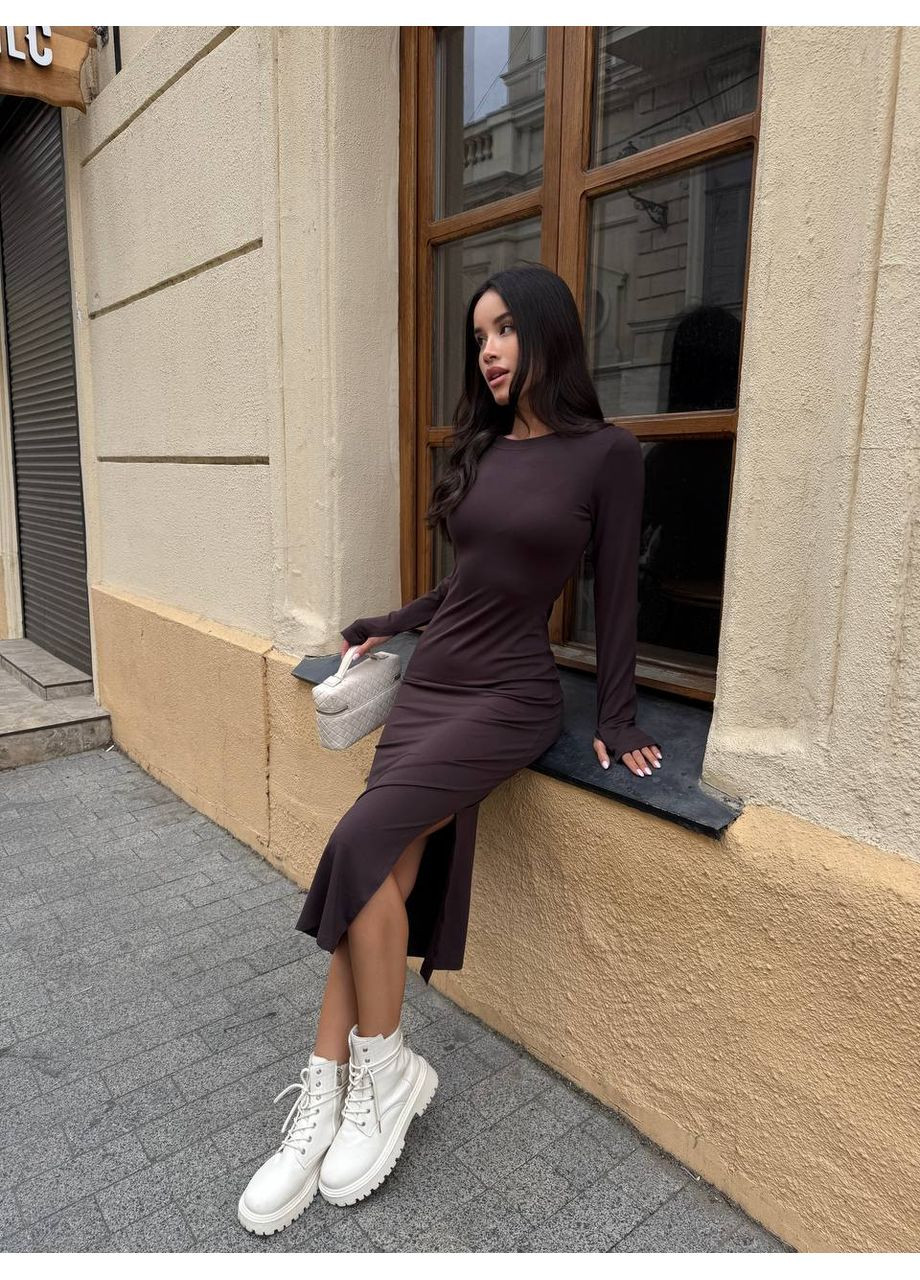 Коричнева повсякденний сукня з довгим рукавом та розрізом збоку – елегантність у кожній деталі 💫 (заміри в описі) DK/DL Мода без кордонів однотонна