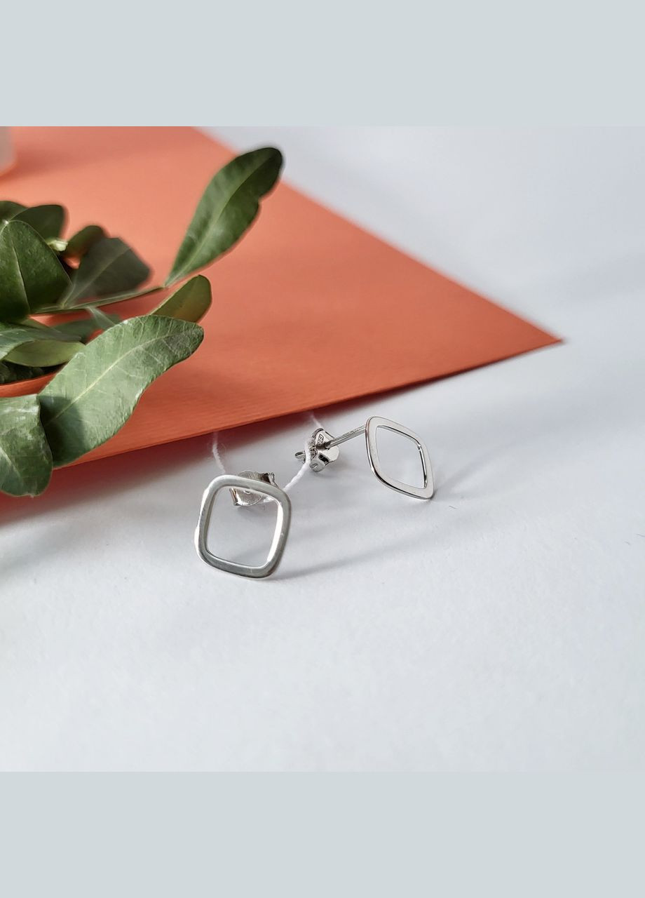 Срібні сережки гвоздики на фіксаторах Ромб контур без каменів срібло 925 проби Родоване 1203пус 0.67г No Brand (306741393)