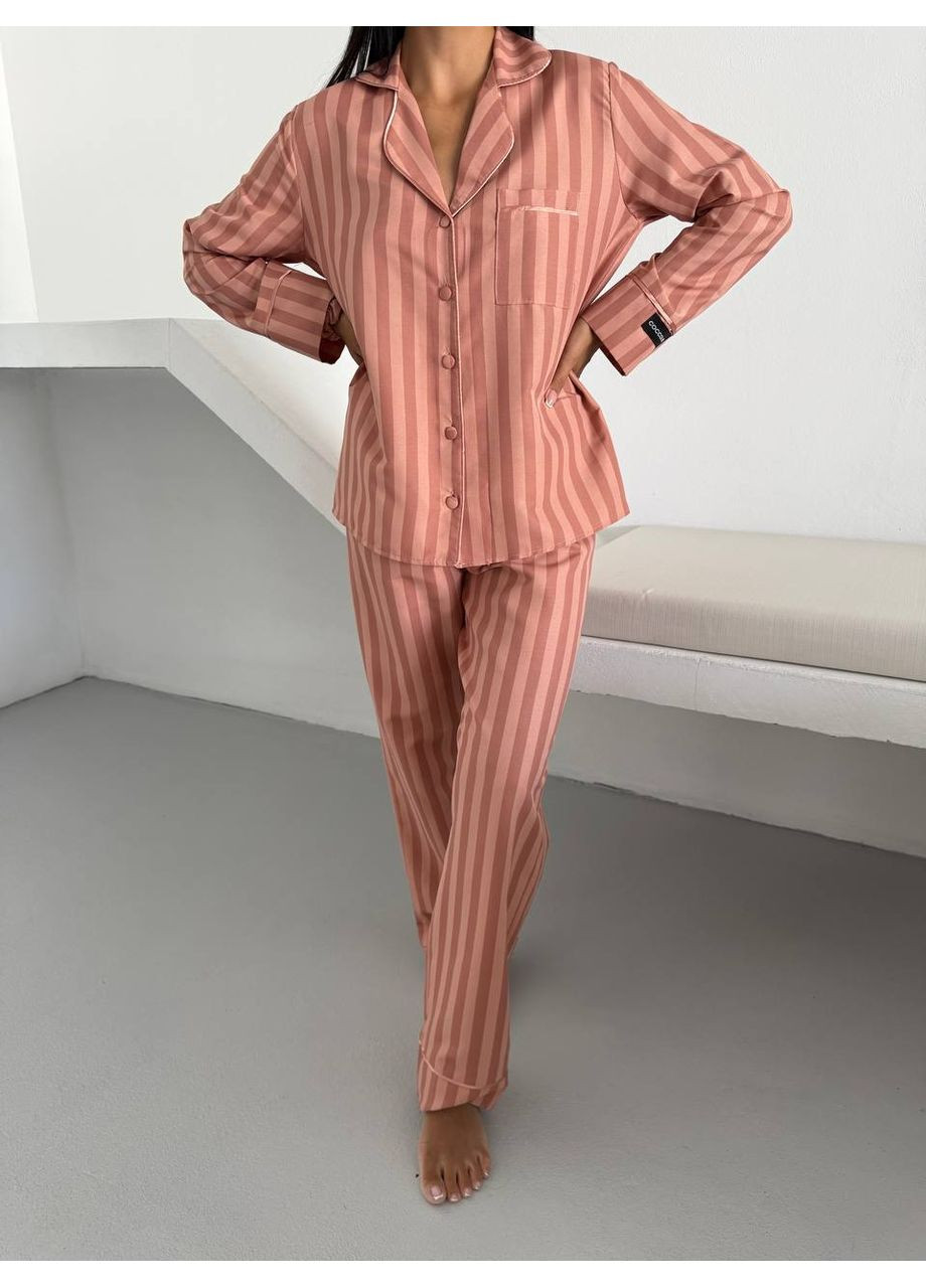 Персиковая всесезон женская пижама персиковая с вертикальной полоской рубашка + брюки Vital-Textile 1293