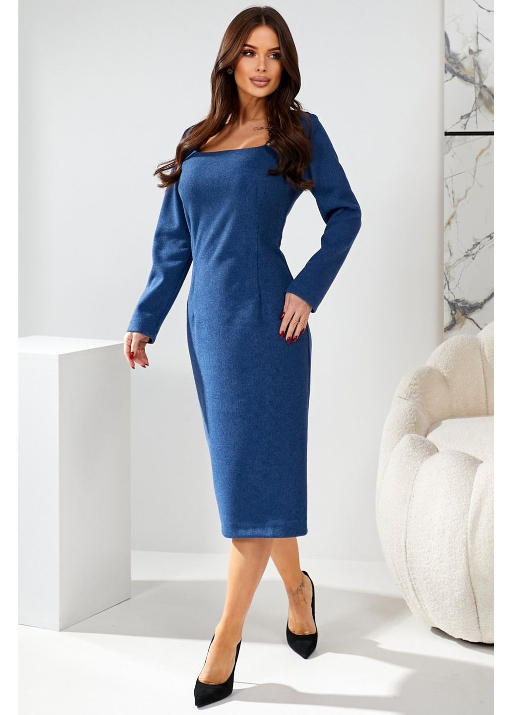 Синя жіноча сукня чохол з вирізом каре (ll235073368) LadyLike