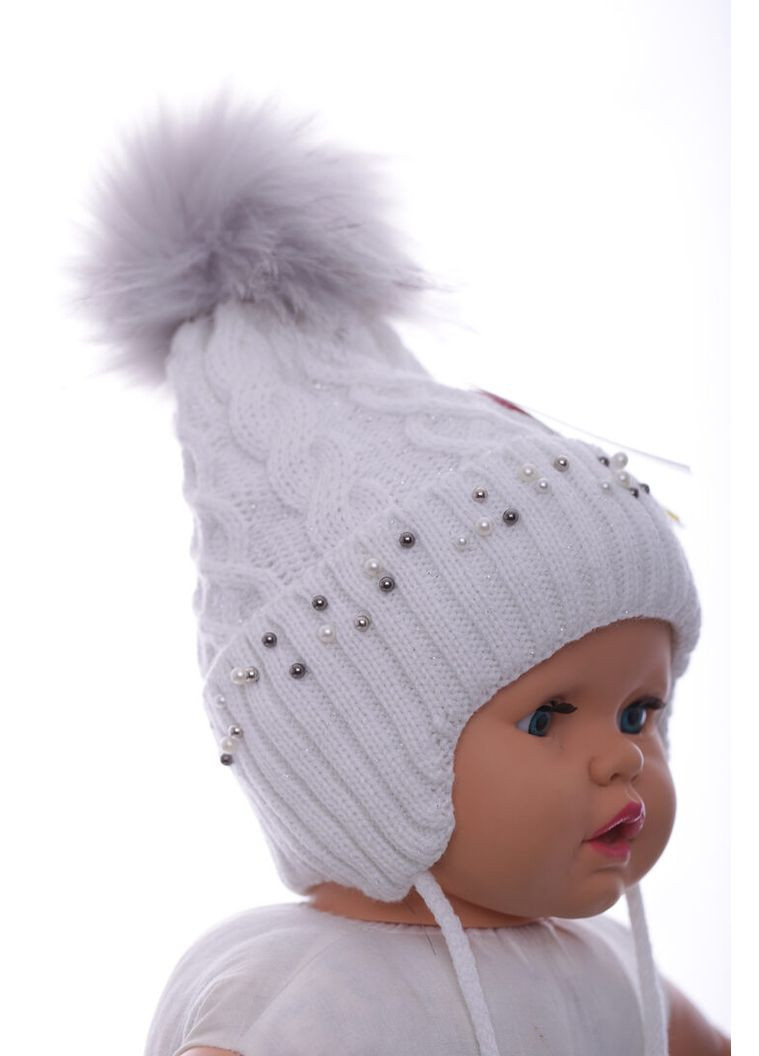 Шапка в'язка для дівчинки на флісі з бусинками біла 12м+ (43633) BABYKROHA (337706263)