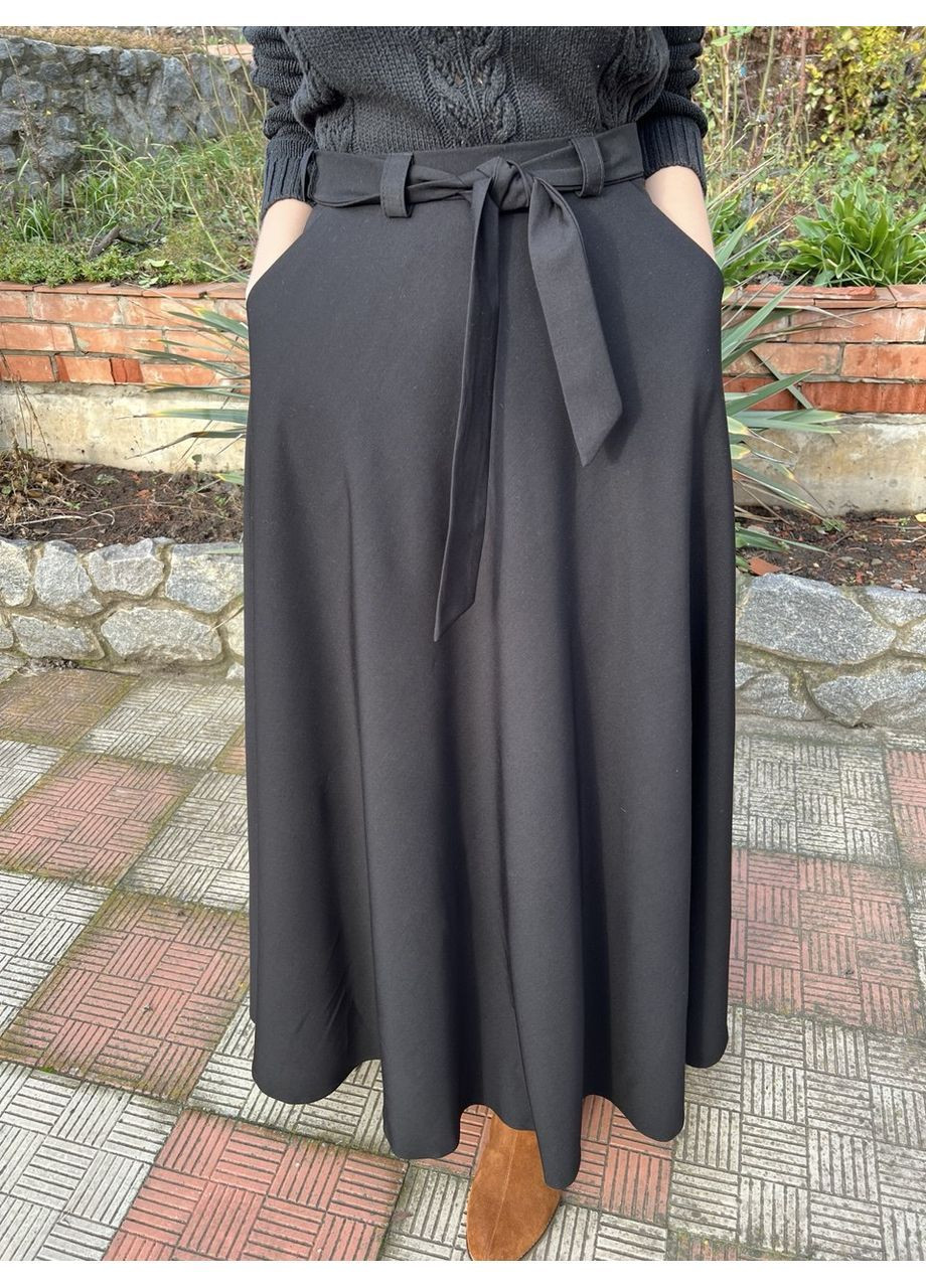 Черная праздничный, повседневная, вечерний, офисная, кэжуал однотонная красивая модная черная хлопковая свободная длинная женская юбка макси клеш полусолнце колокол с поясом с карманами с подкладкой No Brand колокол, пышная, клешированная-солнце, клешированная