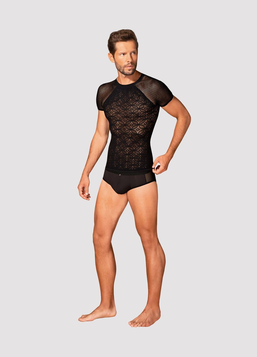 Мужская прозрачная футболка с орнаментом T102 T-shirt S/M/L, черная - CherryLove Obsessive (340274688)