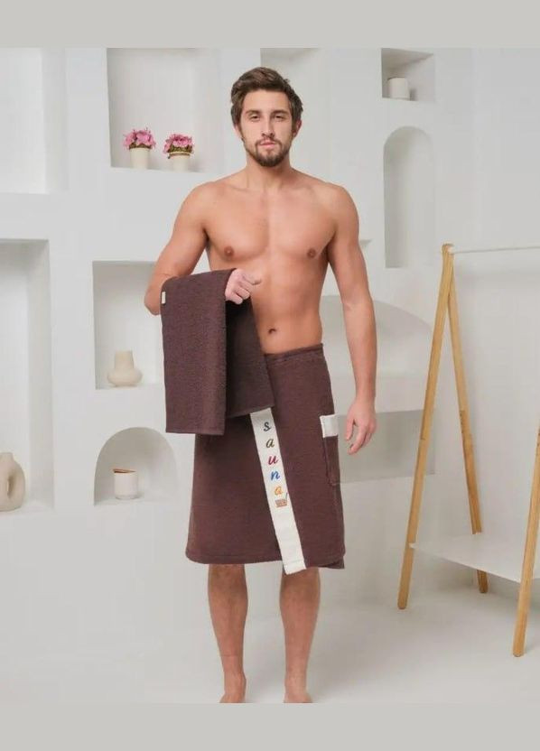 Чоловічий рушник для сауни набір Махра коричневий (П4К-Msauna001-53) No Brand напис коричневий