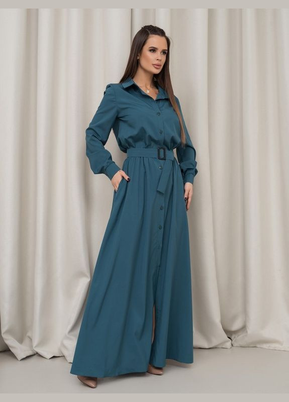 Бірюзова повсякденний бірюзова сукня-сорочка з довгими рукавами ISSA PLUS однотонна