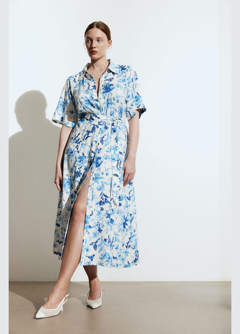 Комбінована сукня-сорочка з поясом, що зав'язується - xxl H&M з квітковим принтом