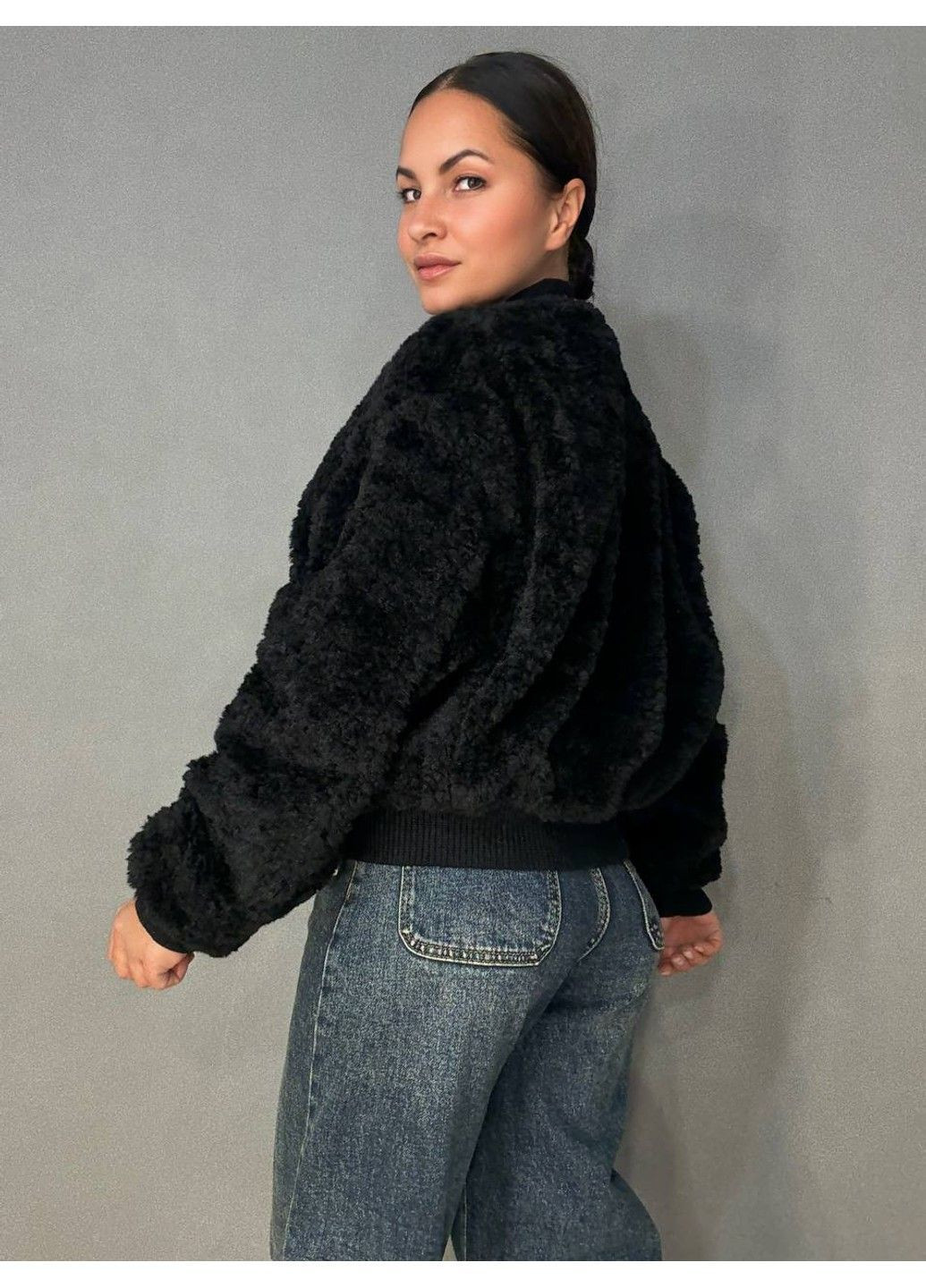 Шуба женская 10016 мех тедди бомбер короткая оверсайз черная Lady yep (368727310)