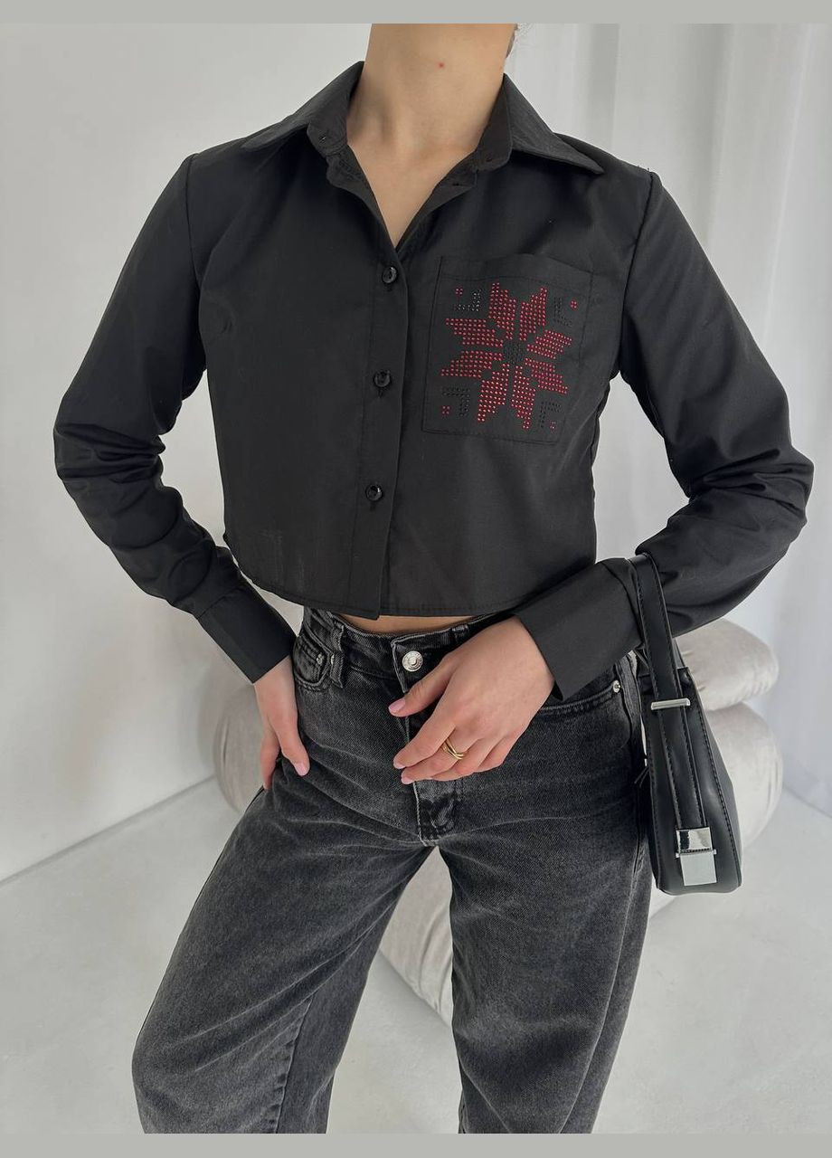 Черная классическая, кэжуал рубашка с украинской символикой Vakko с длинным рукавом