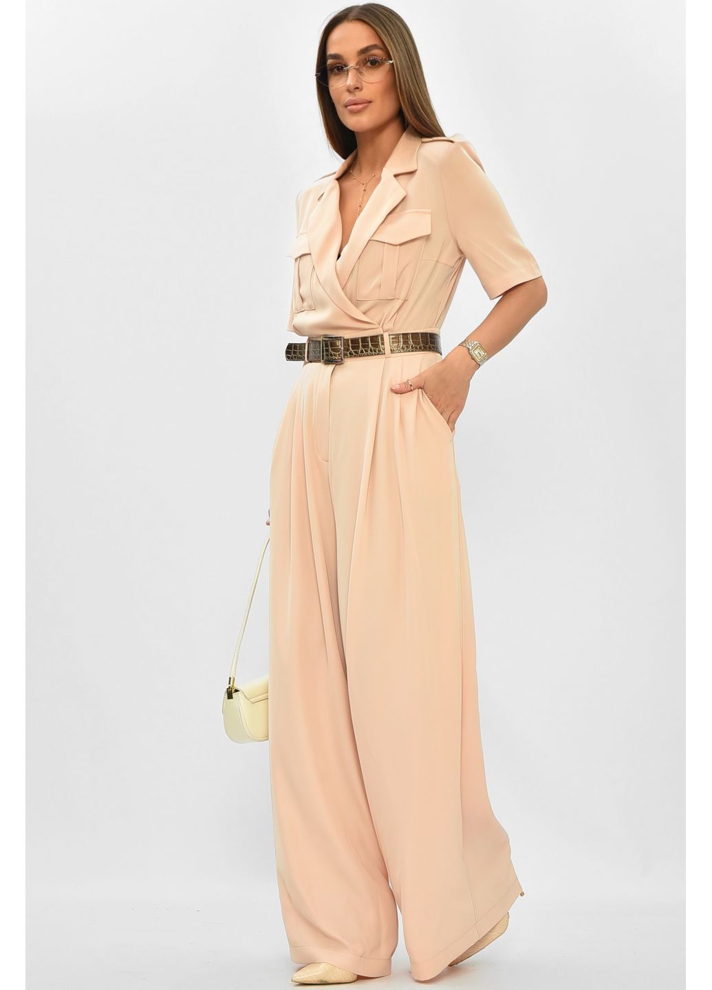 Комбінезон жіночий однотонний бежевого кольору Let's Shop комбінезон-брюки однотонний бежевий джинсовий віскоза