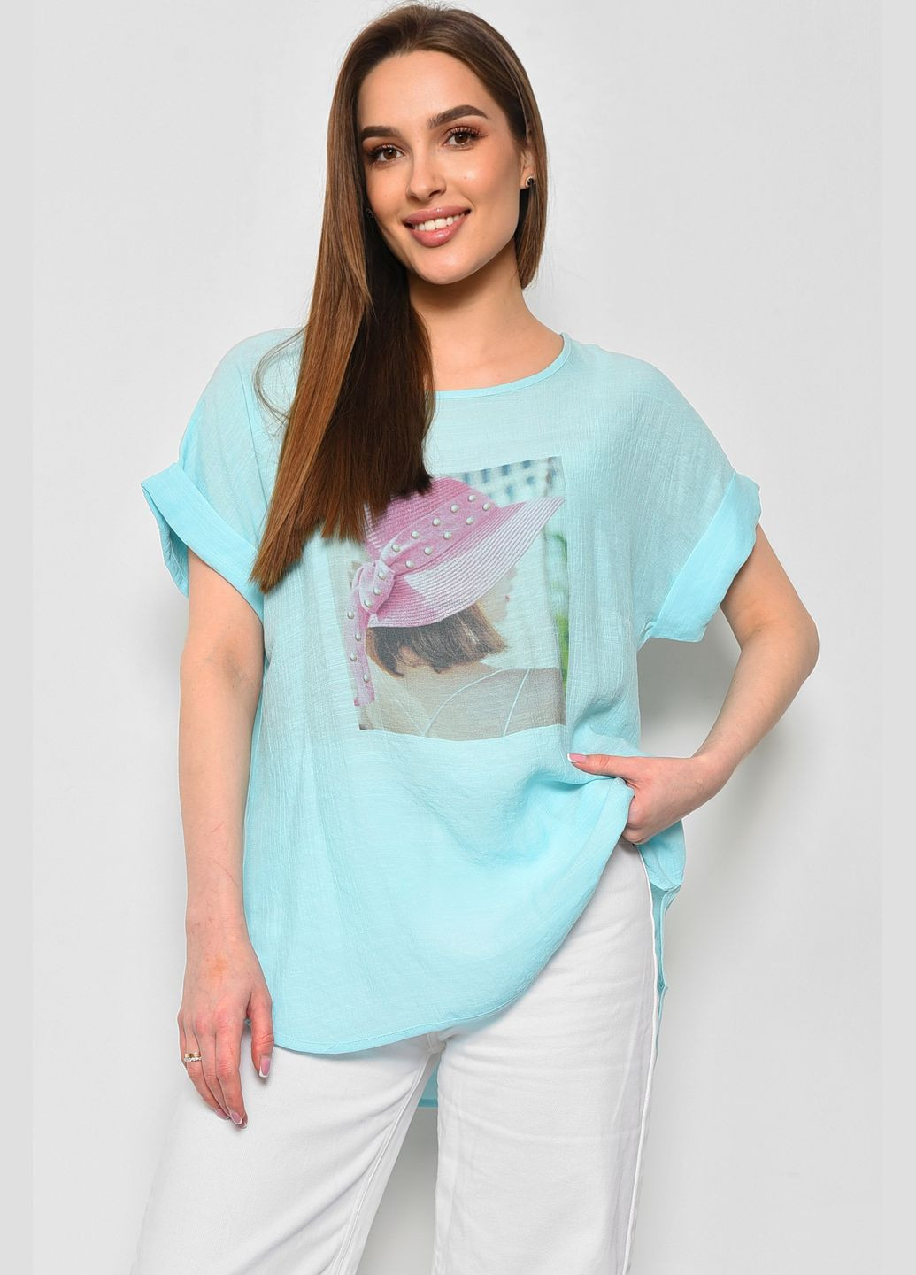 Бирюзовая летняя футболка женская полубатальная бирюзового цвета Let's Shop