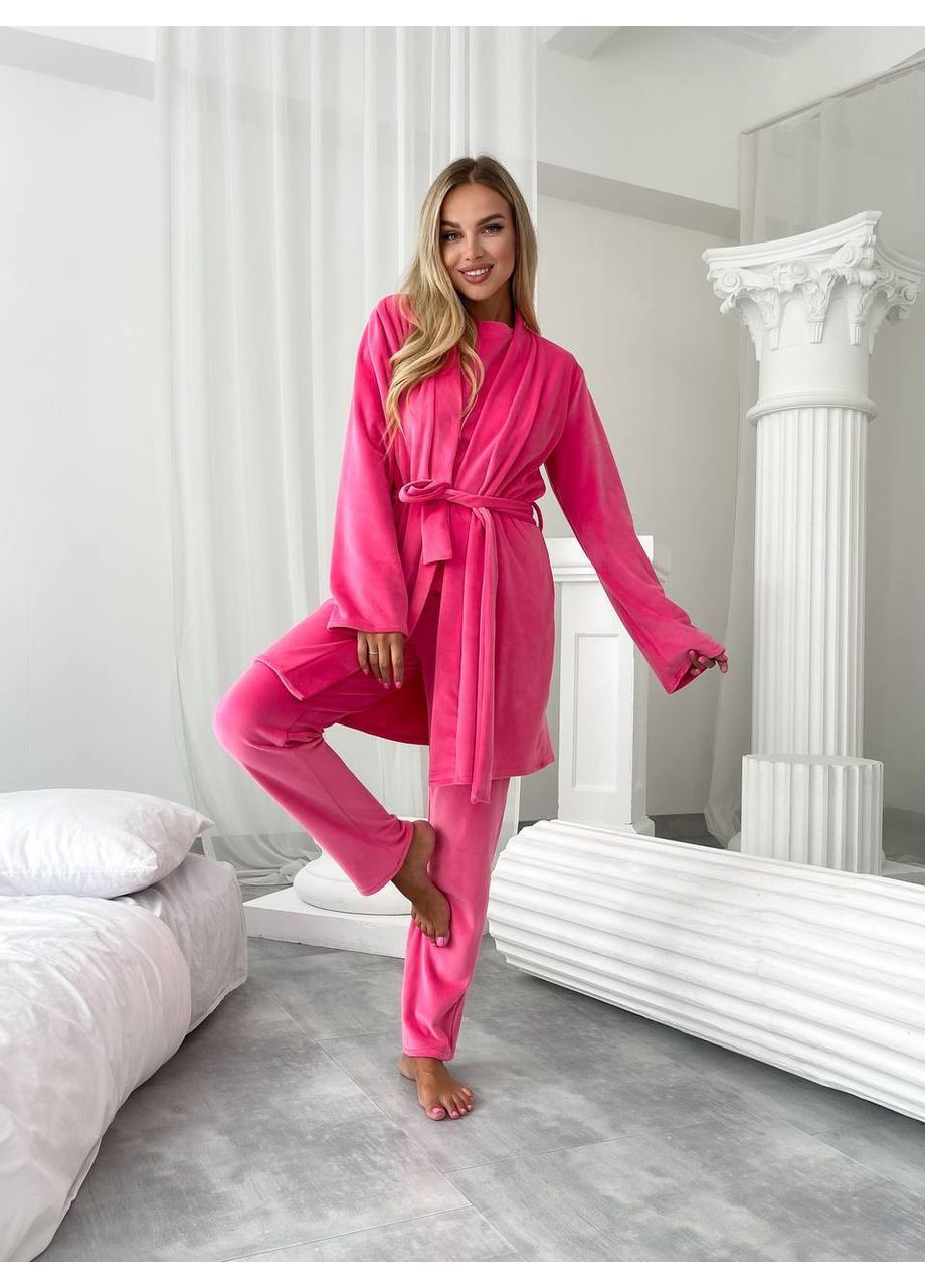 Малинова всесезон велюровий домашній комплект трійка Fashion