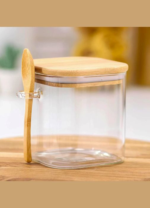 Банка для зберігання з боросилікатного скла з бамбуковою кришкою та ложкою,10*10*13см No Brand (323081725)