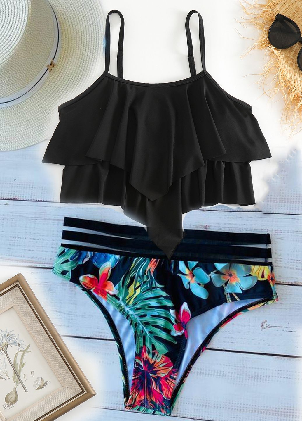 Чорний літній роздільний купальник bikini with print роздільний FS