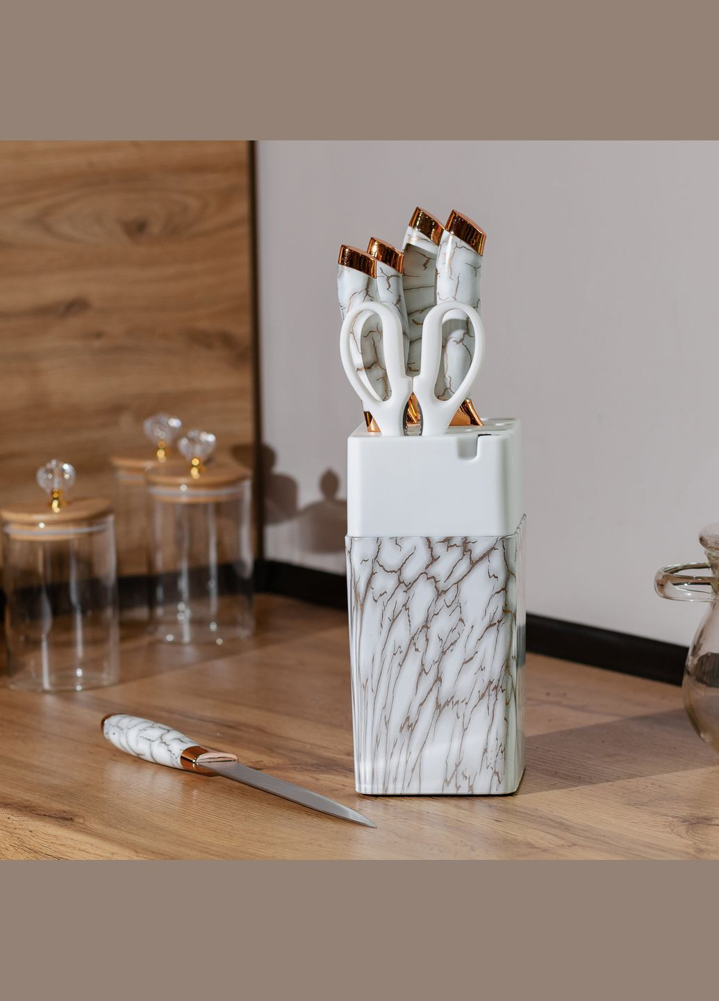 Набор кухонных ножей 5 штук + ножницы на подставке Белый No Brand HP27478W комбинированные,