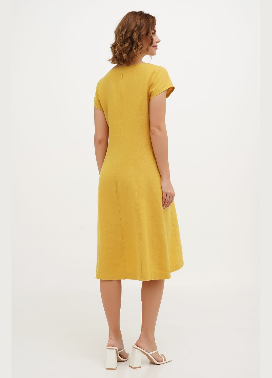 Желтое льняное миди платье с карманами и молнией однотонное миранда. желтый, р.44, код 0449/44/136 ГАЛЕРЕЯ ЛЬОНУ