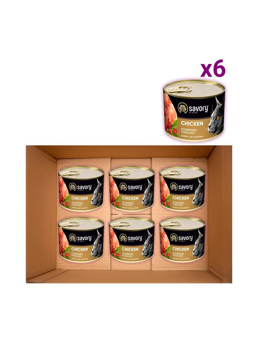 Упаковка влажного корма для стерилизованных кошек с курицей 200 г х 6 шт. Savory (355801309)