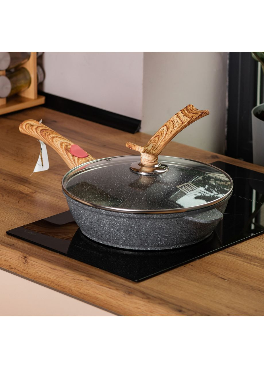 Алюминиевая глубокая сковорода (2,4 л) со стеклянной крышкой Ø 24 см серая HP-4-463G MGC (370800743)