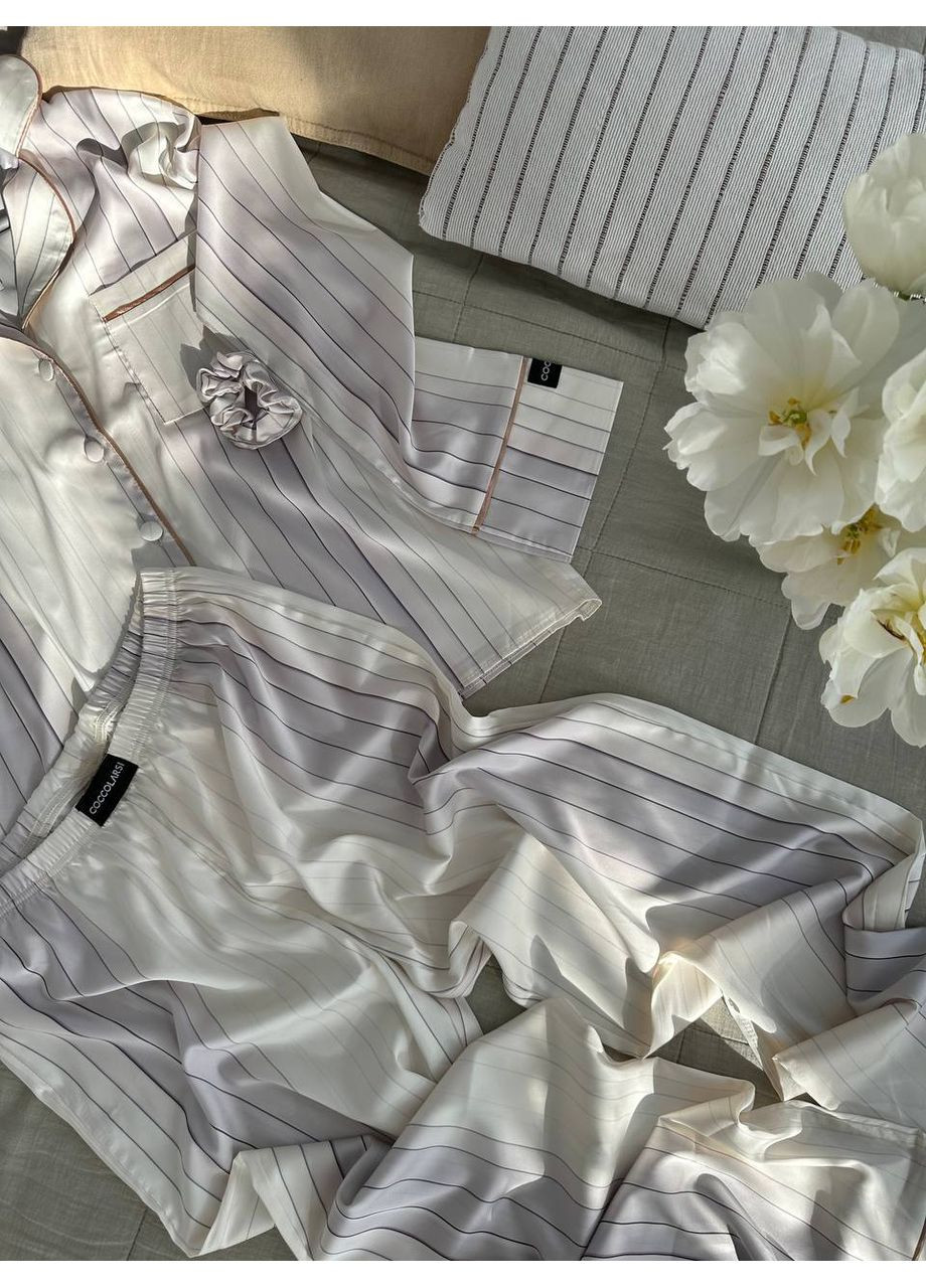 Белая всесезон женская пижама | белая с кантом рубашка + брюки Vital-Textile 1270