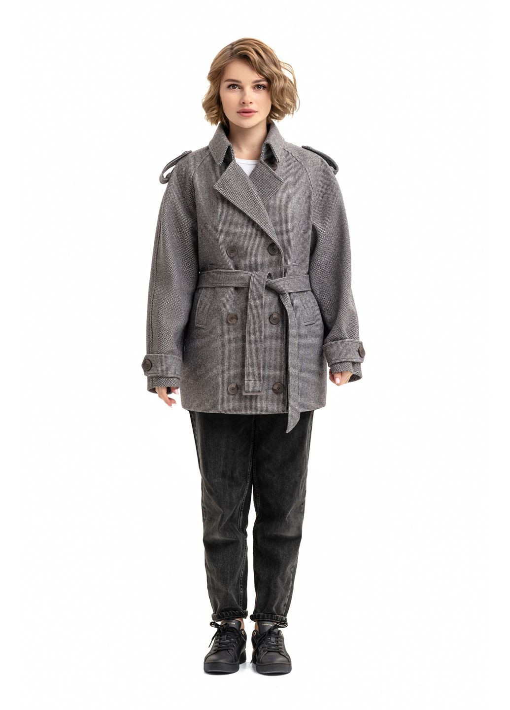 Черно-белое демисезонное Пальто Лина черно-белый (микроклетка) Emass