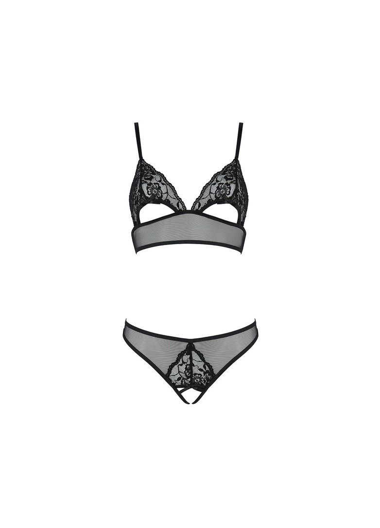 Чорний демісезонний комплект із бралету з ажурним ліфом та відкритими трусиками christa set open bra s/m black Passion